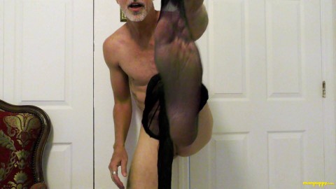 Gay DILF Richard Lennox's big cock in pantyhose