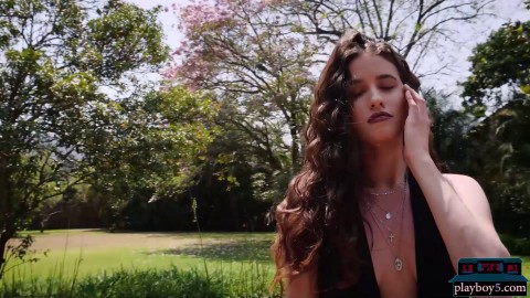 Gorgeous all natural model babe Megan Blake outdoor striptease for Playboy