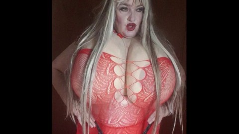 Red devil lady with strapon is giving instructions