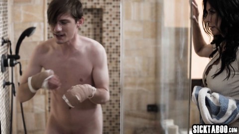 MILF stepmom with perfect big tits Reagan Foxx fucks stepson and helped him