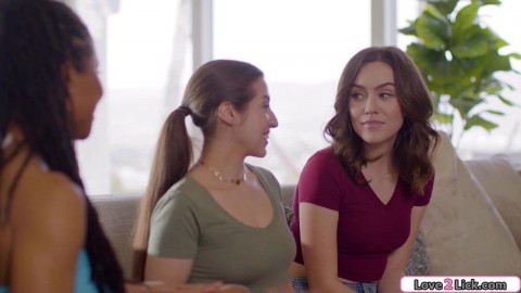 Ebony girl teaches brunette neighbors to lick pussy in 3some