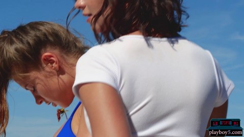 European lesbian hotties Marine LeCourt andJulia Zu rooftop workout